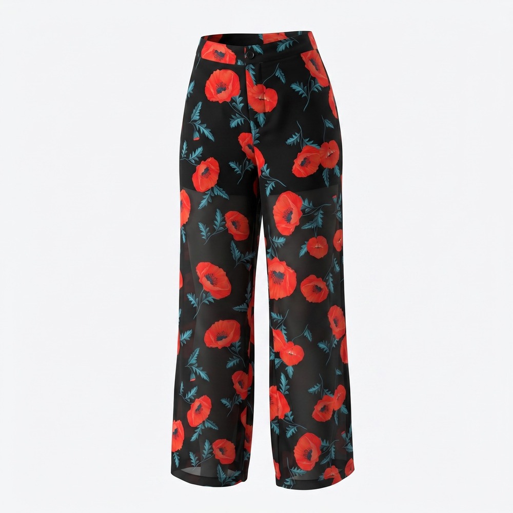 I Saw It First Wide Leg Trousers 8 Black Red Poppy Floral Sheer Summer Pants